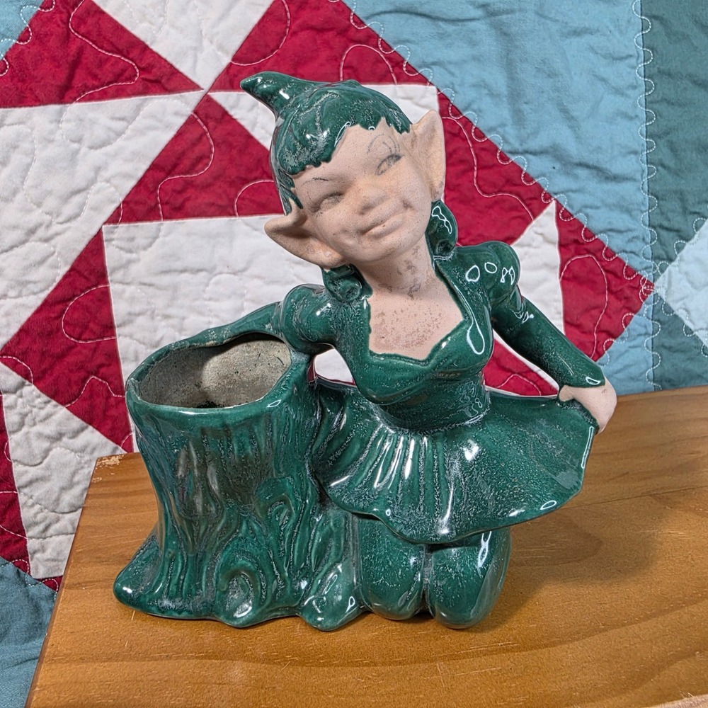 Gilner Ceramic Pixie Planter Unisex Small Green Vintage Elf Figurine